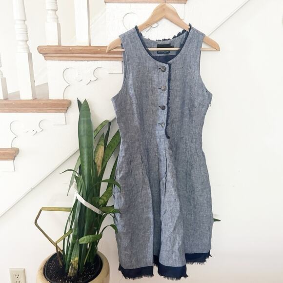 Cynthia Rowley Linen Sheath Dress Blue Sleeveless Raw Edge Trim Button Zip Sz 8 - Picture 1 of 8